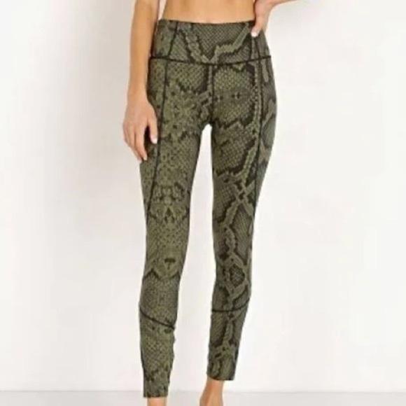 Varley Pants - Varley Bedford Leggings in the Olive Snake print color.